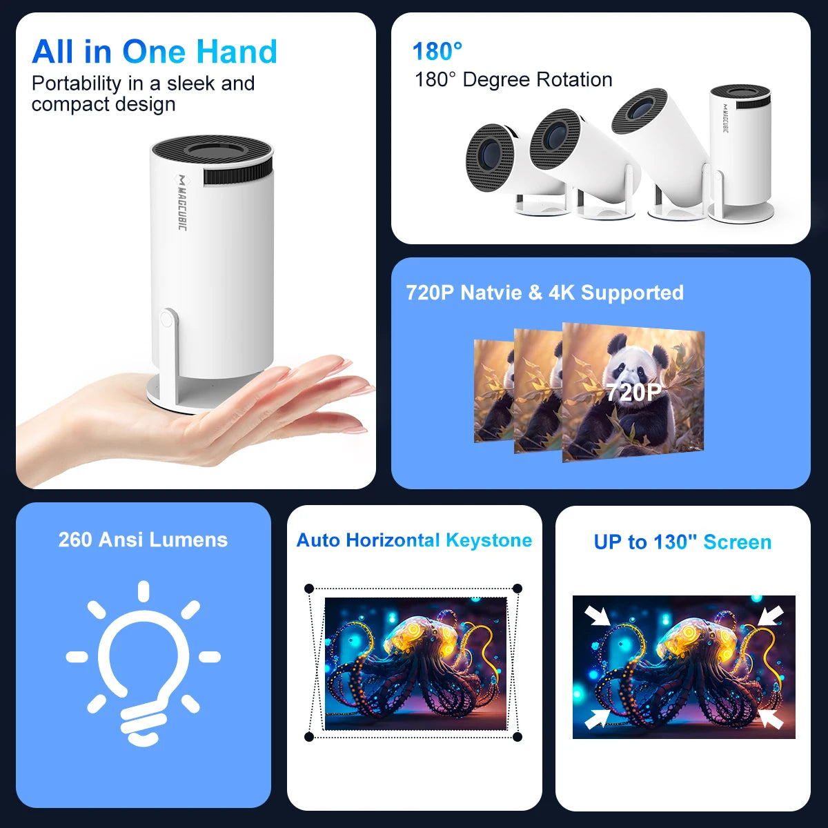 4K Portable Projector: Android 11, Dual WiFi, 260ANSI, 180° Flexible