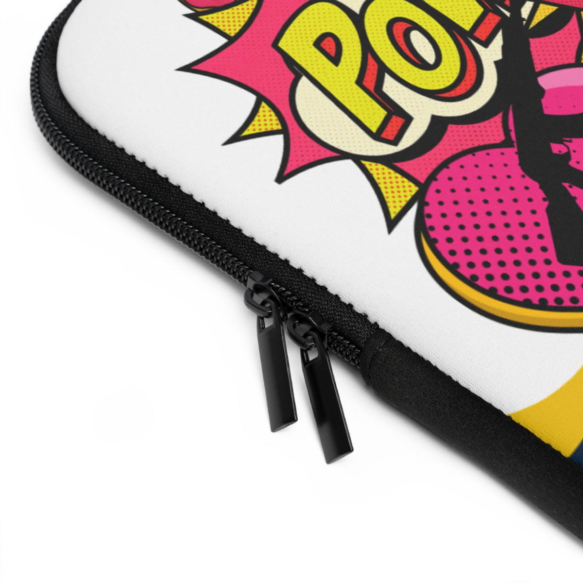Close-up of a white zippered protective case featuring a bold comic book style graphic with pink, yellow, and black pop-art elements and the partial word 'POP'.
