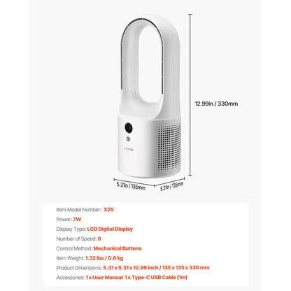 Desk Fan Bladeless 12.99 In. 6 Fan Speeds Tower Fan in White Portable Desk Fan USB Quiet Cooling Small