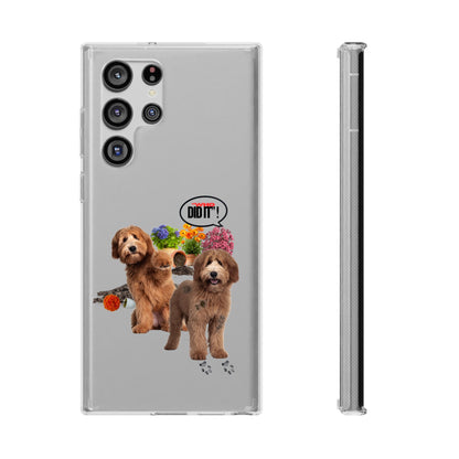 A clear phone case shown from the back and side on a white background, featuring a printed graphic of two brown dogs, flowers, and a speech bubble that says 'DID IT!'.