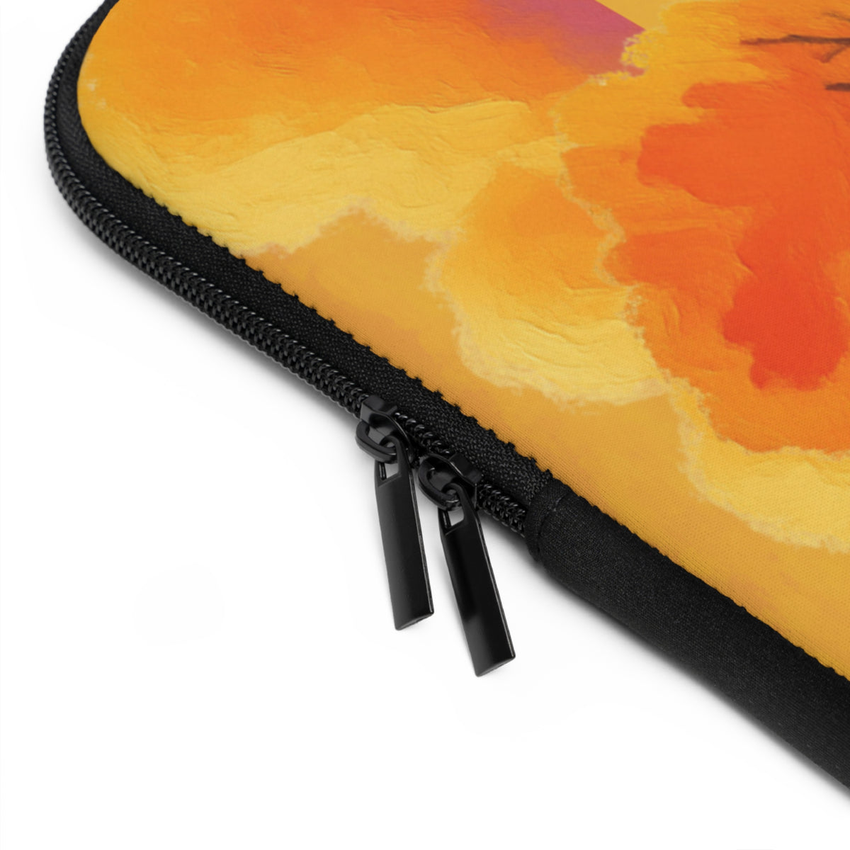 Close-up of a zippered protective sleeve with a black zipper and dual zipper pulls, featuring a vibrant orange and yellow watercolor floral pattern on a white background.