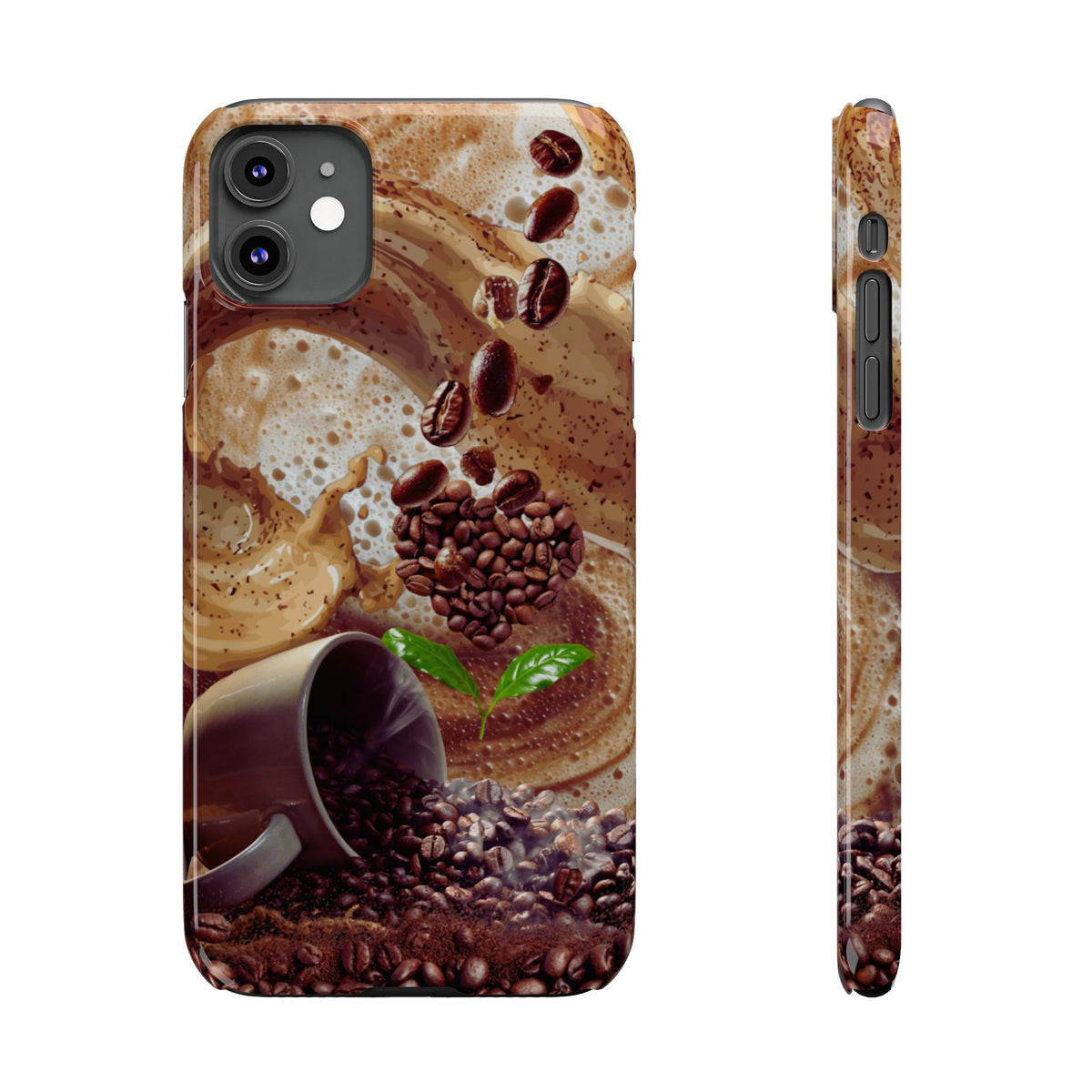 A phone case featuring a coffee-themed graphic print, shown from the back and side views against a plain white background. The print depicts coffee beans, a spilled mug, and a green leaf on a brown and cream coffee swirl background.