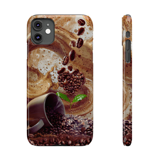 A phone case featuring a coffee-themed graphic print, shown from the back and side views against a plain white background. The print depicts coffee beans, a spilled mug, and a green leaf on a brown and cream coffee swirl background.