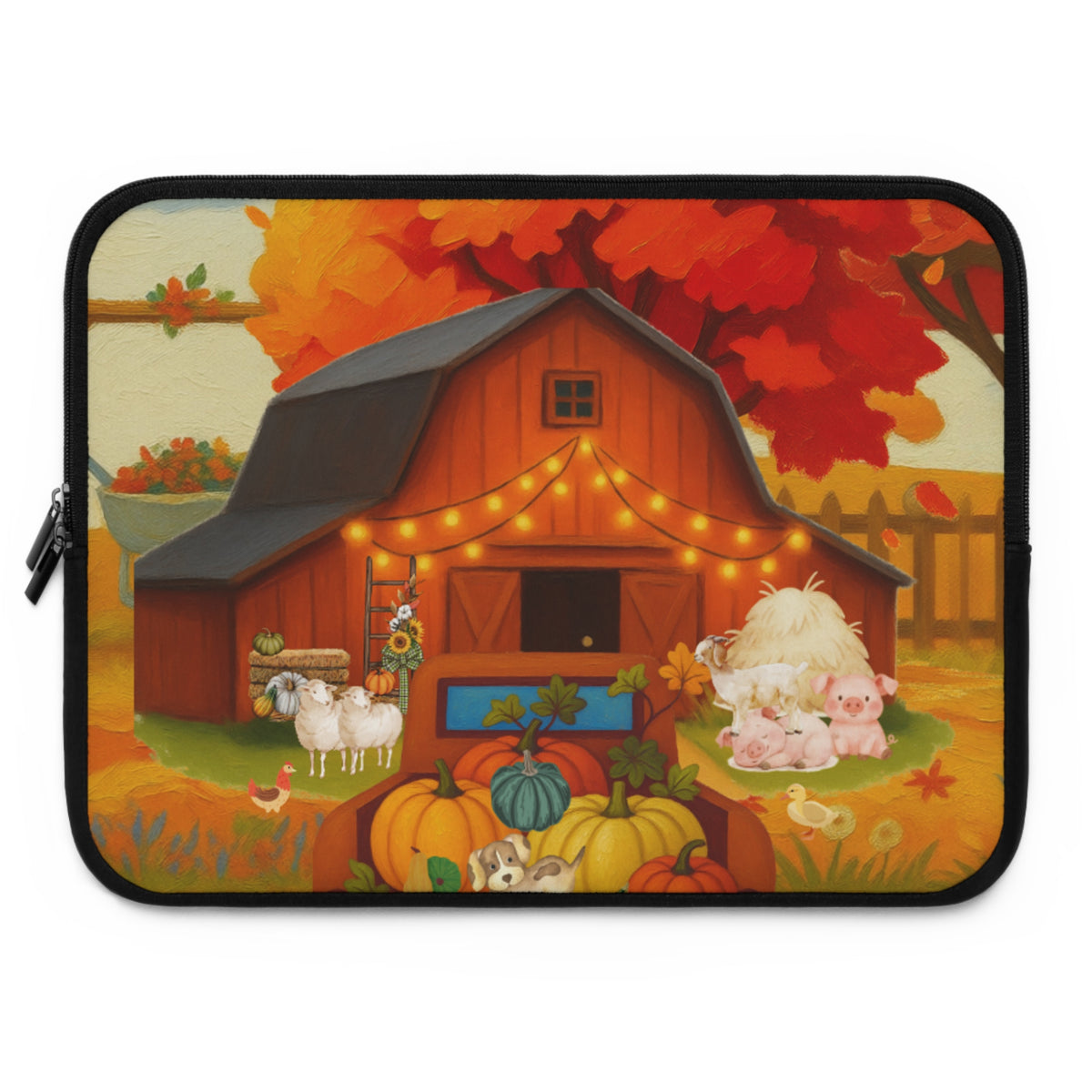 A laptop sleeve featuring a colorful autumn farm illustration with a red barn, pumpkins, sheep, pigs, and orange leaves, shown on a plain white background.