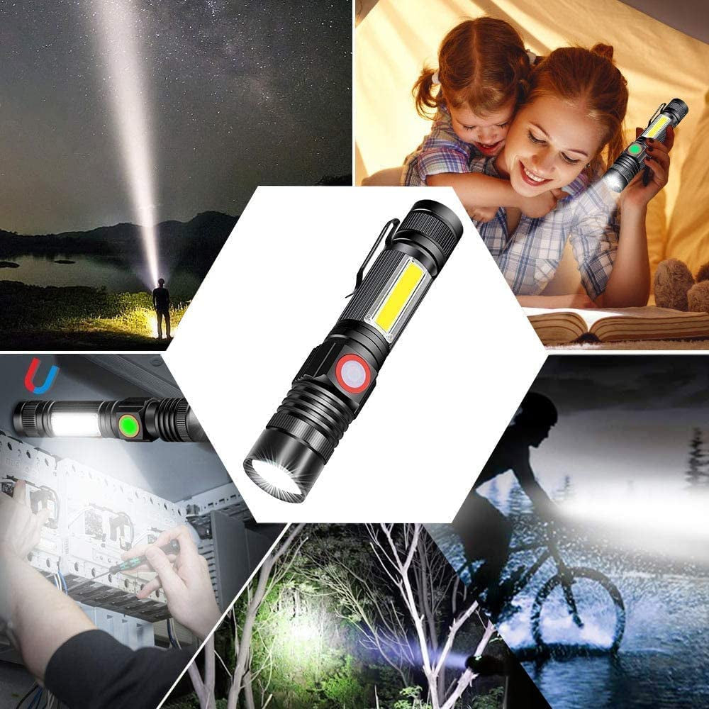 Flashlight USB Rechargeable, Magnetic LED Flashlight, Super Bright LED Tactical Flashlight with Cob Sidelight, Waterproof, Zoomable Best Small LED Flashlight for Camping, Emergency Flashlights
