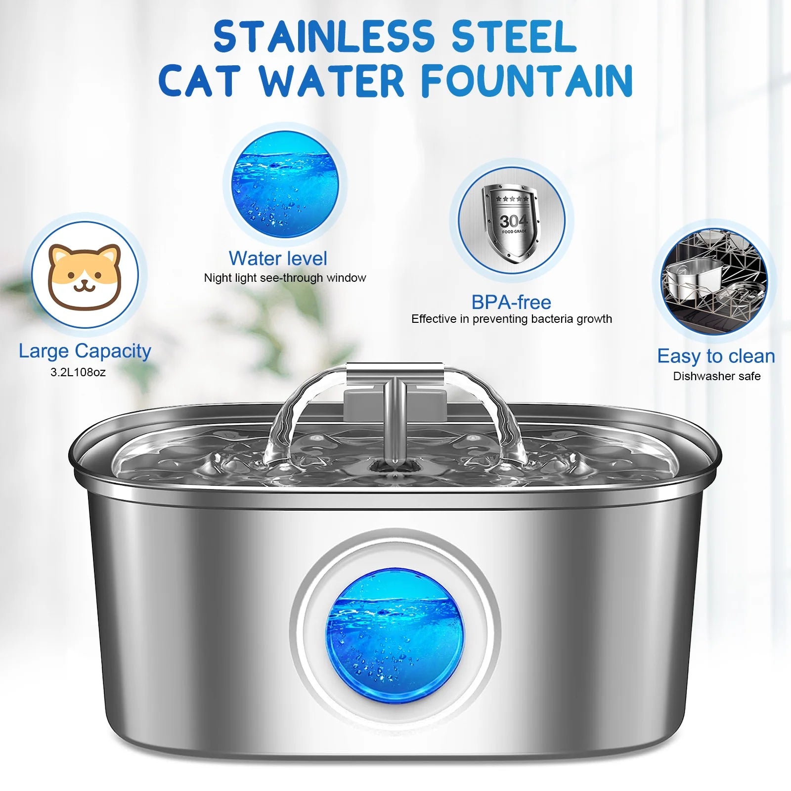 Cat Water Fountain Stainless Steel,  108Oz/3.2L Pet Fountain with Water Level Window,Automatic Water Dispenser for Cats and Dogs, Electric Drinking Bowl Suitable for Multiple Pets, Silver