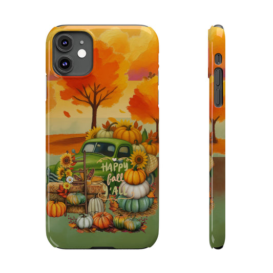 A phone case featuring a colorful autumn harvest illustration, shown from the back and side on a plain white background. The design includes a green pickup truck, pumpkins, sunflowers, corn, and a tree with orange and yellow leaves.