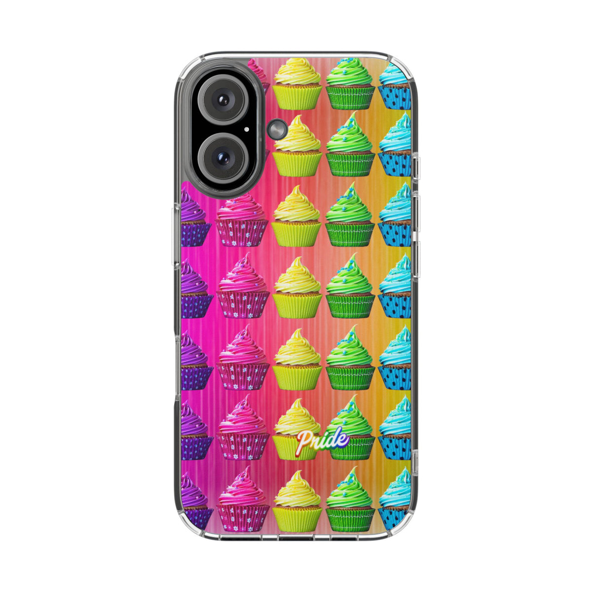 A clear phone case with a colorful printed design of repeating cupcake illustrations on a pink-to-yellow striped background, with the word 'Pride' near the bottom.
