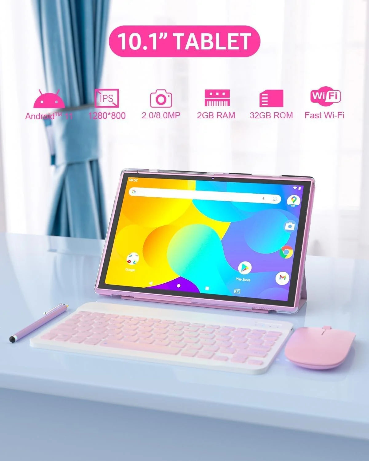 Tablet 2 in 1 Tablet with Keyboard Case Mouse Stylus Pen, 10 Inch Tablet Android 14 Tablets PC, 10.1" HD Tab 6000Mah Battery 32GB+1024GB Expandable 2MP+8MP Dual Camera Tableta Computer Pink