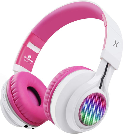 WT-7S Bluetooth Headphones Light Up, Foldable Stero Wireless Headset with Microphone and Volume Control for Pc/Tablet/Tv/Travel (Pink)