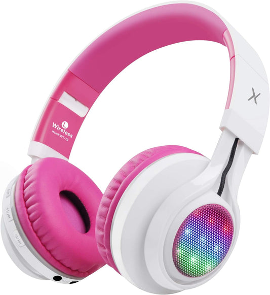 WT-7S Bluetooth Headphones Light Up, Foldable Stero Wireless Headset with Microphone and Volume Control for Pc/Tablet/Tv/Travel (Pink)