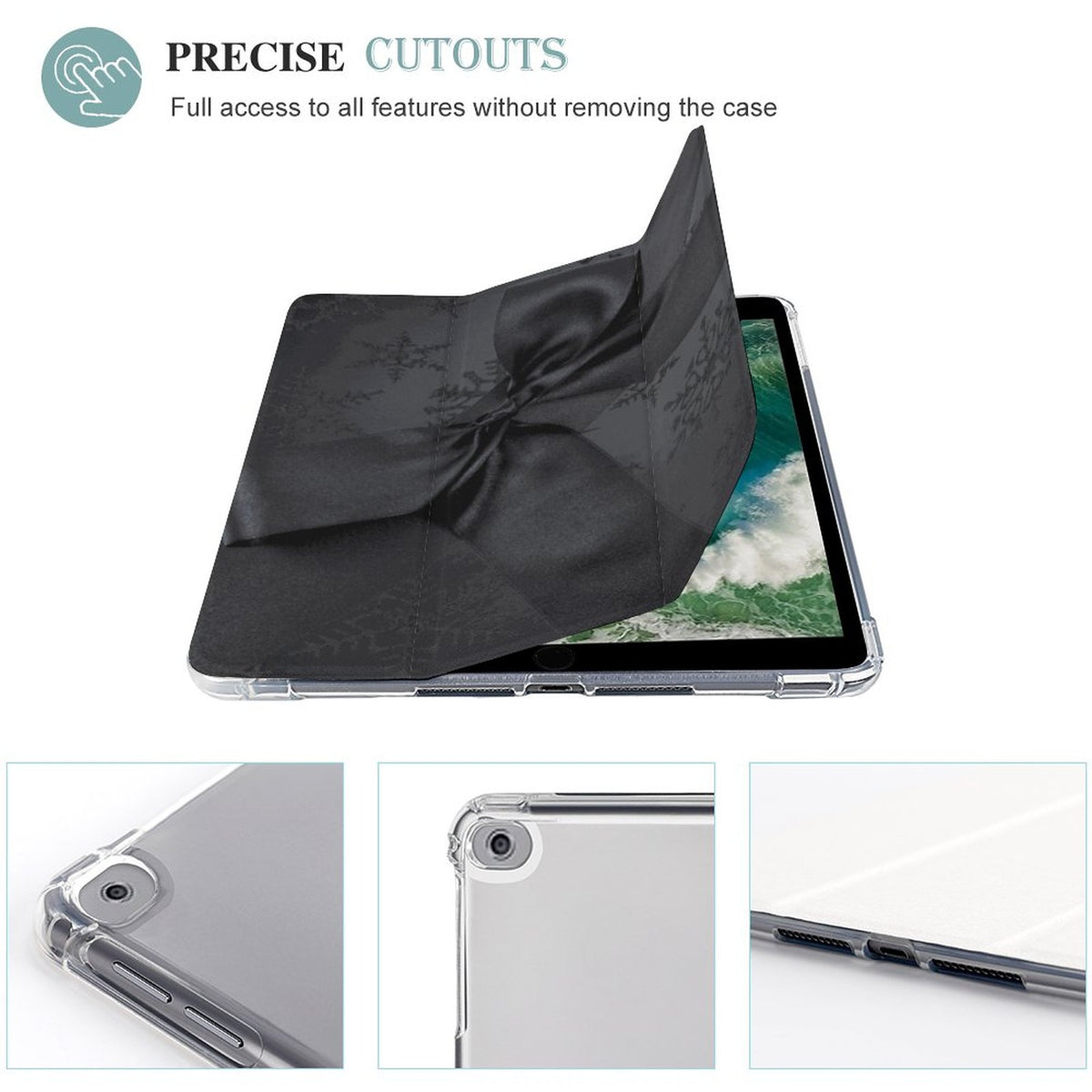 A clear protective case for an iPad shown open, with a black fabric cover or skin folded over the top. The main product shot is on a white background with three small detail insets at the bottom showing the case edges and camera cutout.