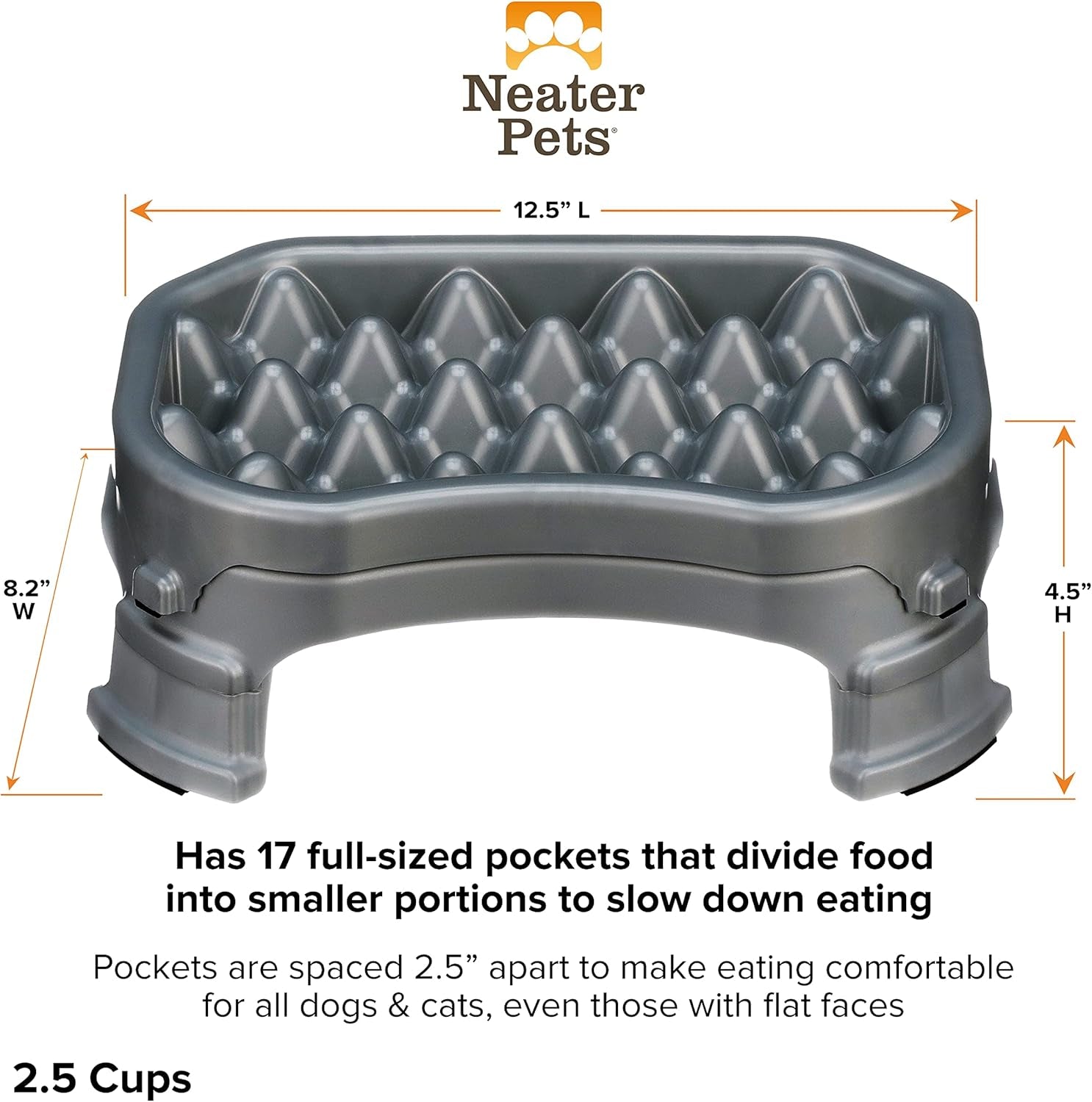 – Neater Raised Slow Feeder Dog Bowl – Elevated and Adjustable Food Height - (2.5 Cup, Gunmetal)