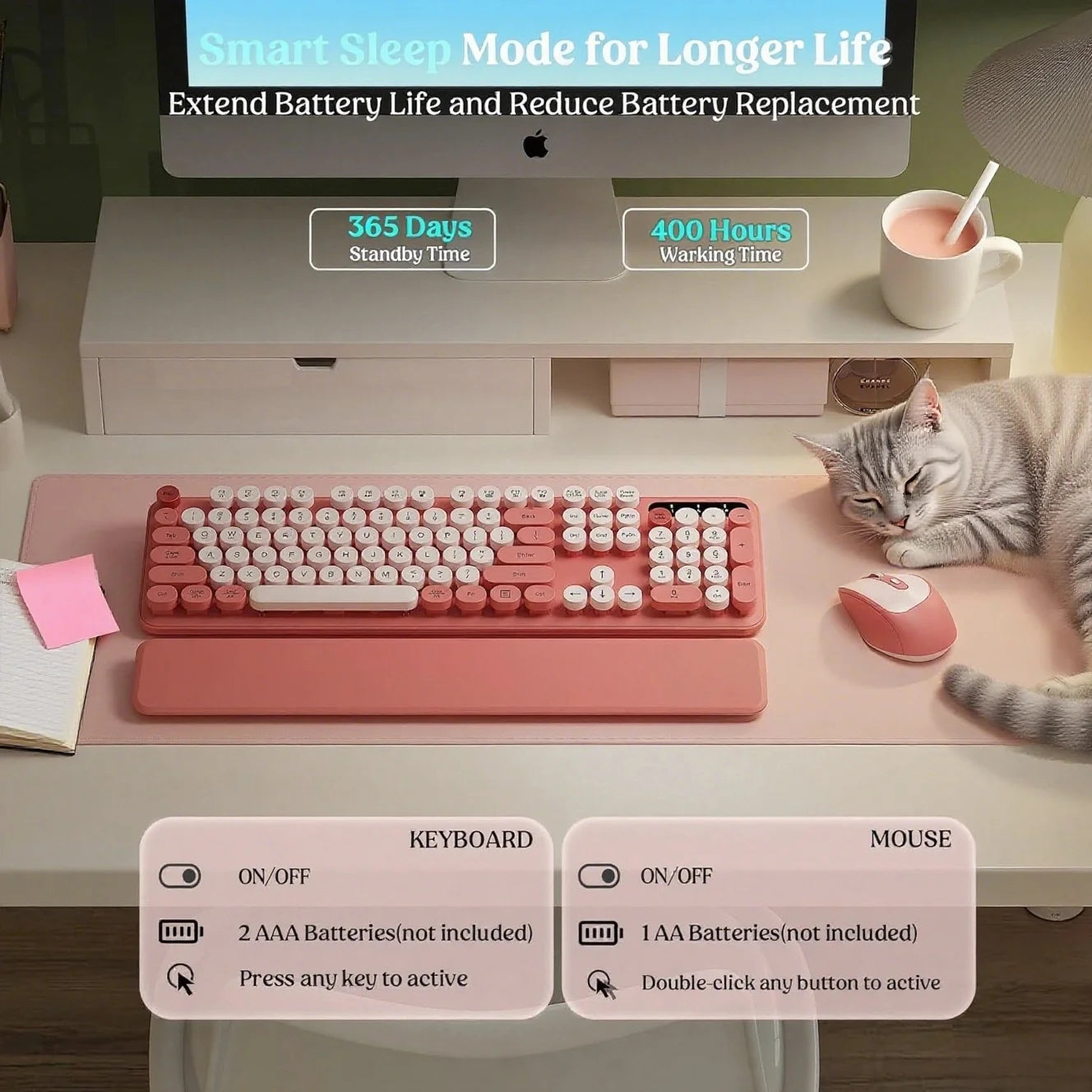 Wireless Keyboard Mouse Combo - Retro Typewriter Design, Detachable Wrist Rest, 2.4G Wireless for Women, Pc/Laptop/Windows - Blush Pink