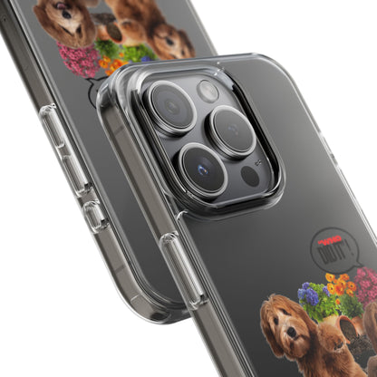 A clear protective phone case with a raised camera bumper, shown fitted on a dark gray smartphone. The case has a printed graphic of a golden retriever dog and colorful flowers near the bottom right.