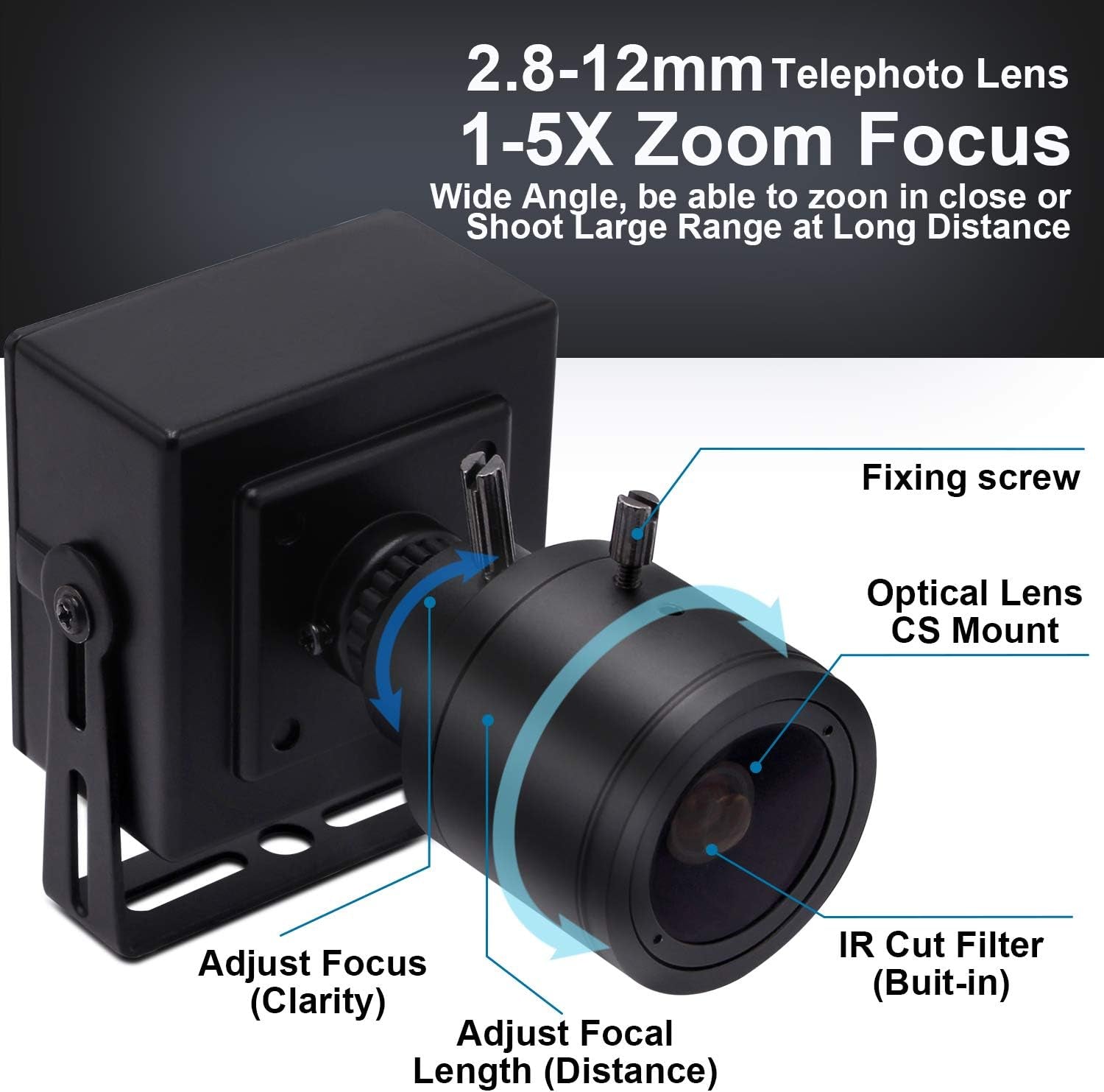 1080P USB Zoom Camera with 2.8-12Mm Manual Lens, HD Mini Camera 100Fps/60Fps/30Fps CMOS OV2710 Portable USB Webcam with Metal Case for PC & Laptop