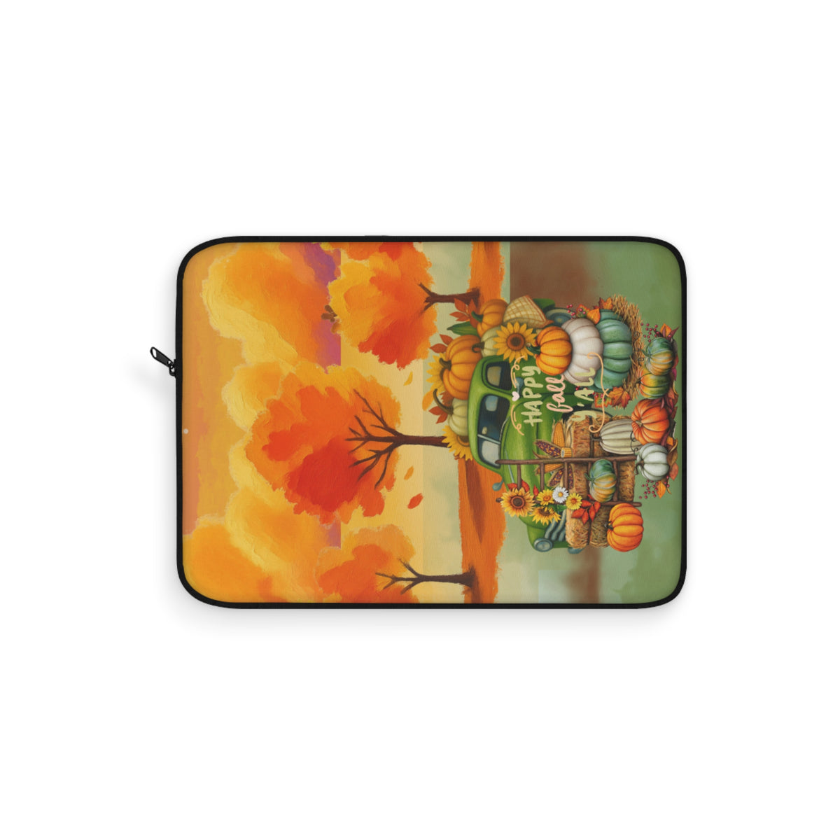 A laptop sleeve featuring a colorful autumn-themed illustration with a green truck loaded with pumpkins, sunflowers, and fall foliage, set against a plain white background.