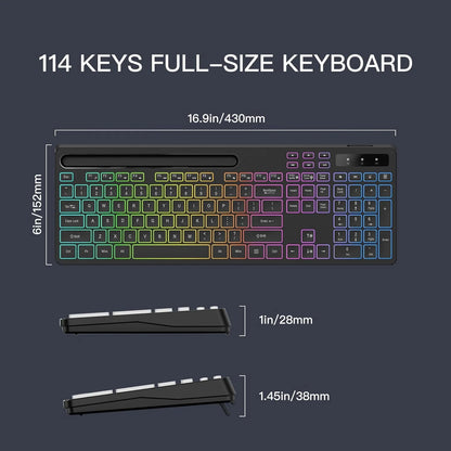 Wireless Keyboard with 7-Color RGB Backlit,  Full-Size Computer Keyboard with Phone Tablet Holder, Rechargeable 2.4G Wireless Gaming Keyboard with Light up Keys, Compatible with Mac,Window,Black