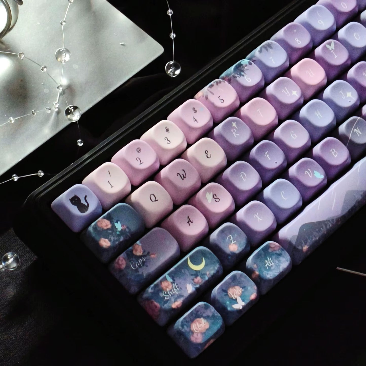 Midsummer Night Keycap Cherry MOA Profile PBT Thermal Sublimation Dreamy Purple Keycaps Aesthetic Butterfly Flower Keyboard Caps