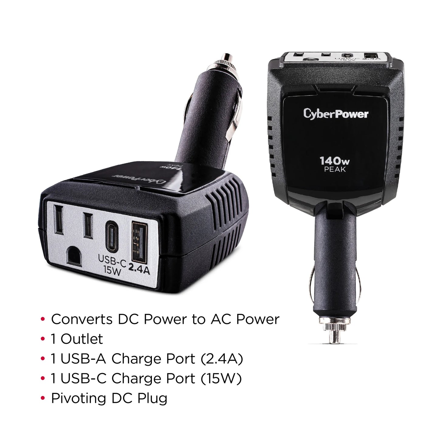 M140BUC 140W Power Inverter - 1 AC Outlet, USB-C & USB-A Ports, Black