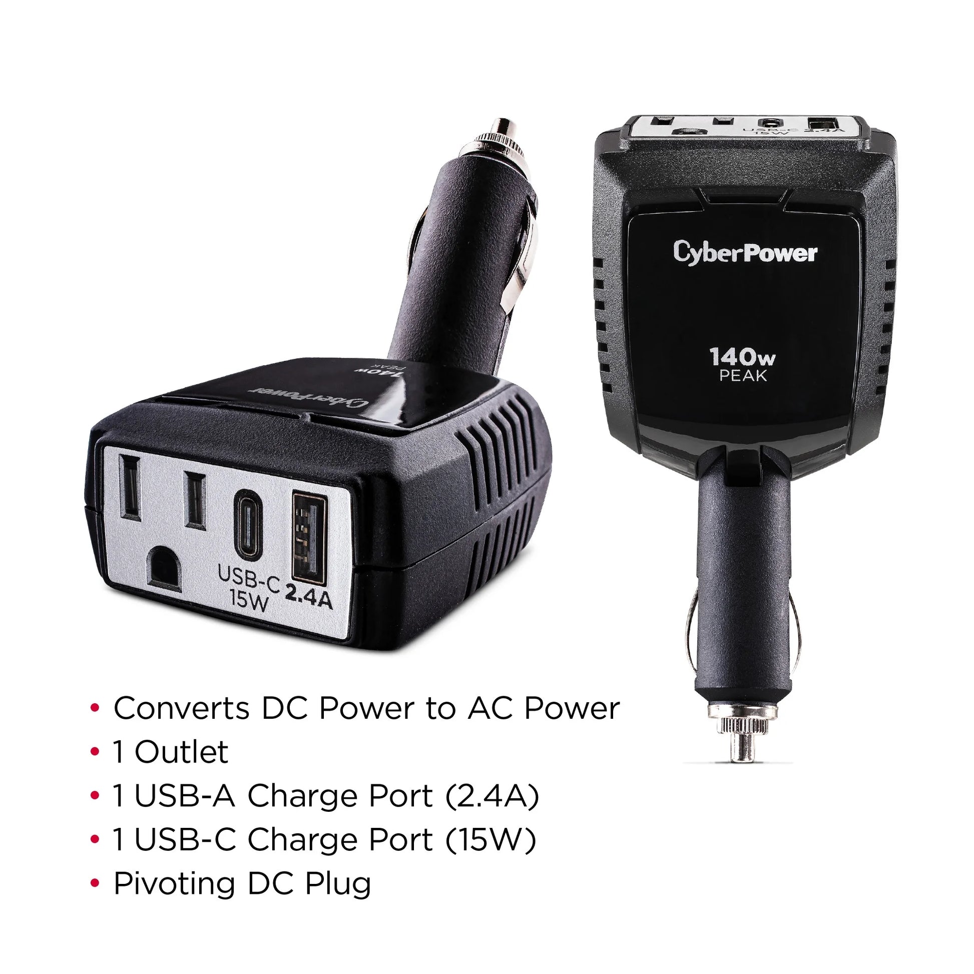 M140BUC 140W Power Inverter - 1 AC Outlet, USB-C & USB-A Ports, Black
