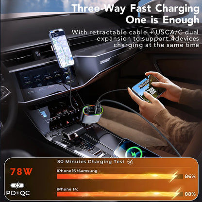 4 in 1 Retractable Car Charger, 78W Car Charger USB C, Fast Car Phone Charger with Cord 2.6Ft, Car Chargers Compatible with Android and Iphone,Car Accessories for Women Men, Perfect Gifts
