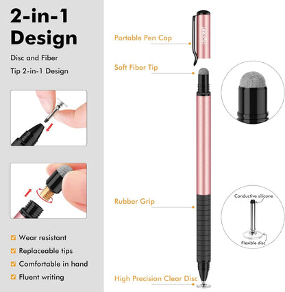 Universal Stylus,[2-In-1] Disc Stylus Pens for All Touch Screens Cell Phones, Ipad, Tablets, Laptops with 6 Replacement Tips(4 Discs, 2 Fiber Tips Included) - (Rose Gold)