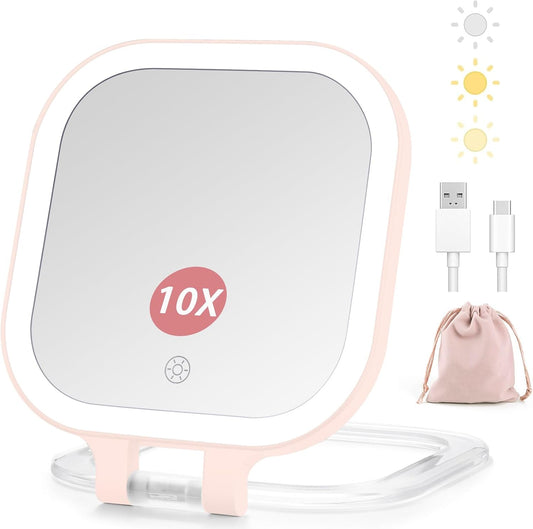 Rechargeable Travel Makeup Vanity Mirror with Lights and Magnification, Portable 1X/10X Magnifying Mirror with 3 Color Light, Lighted Makeup Mirror with Magnification, Folding LED Desk - Pink