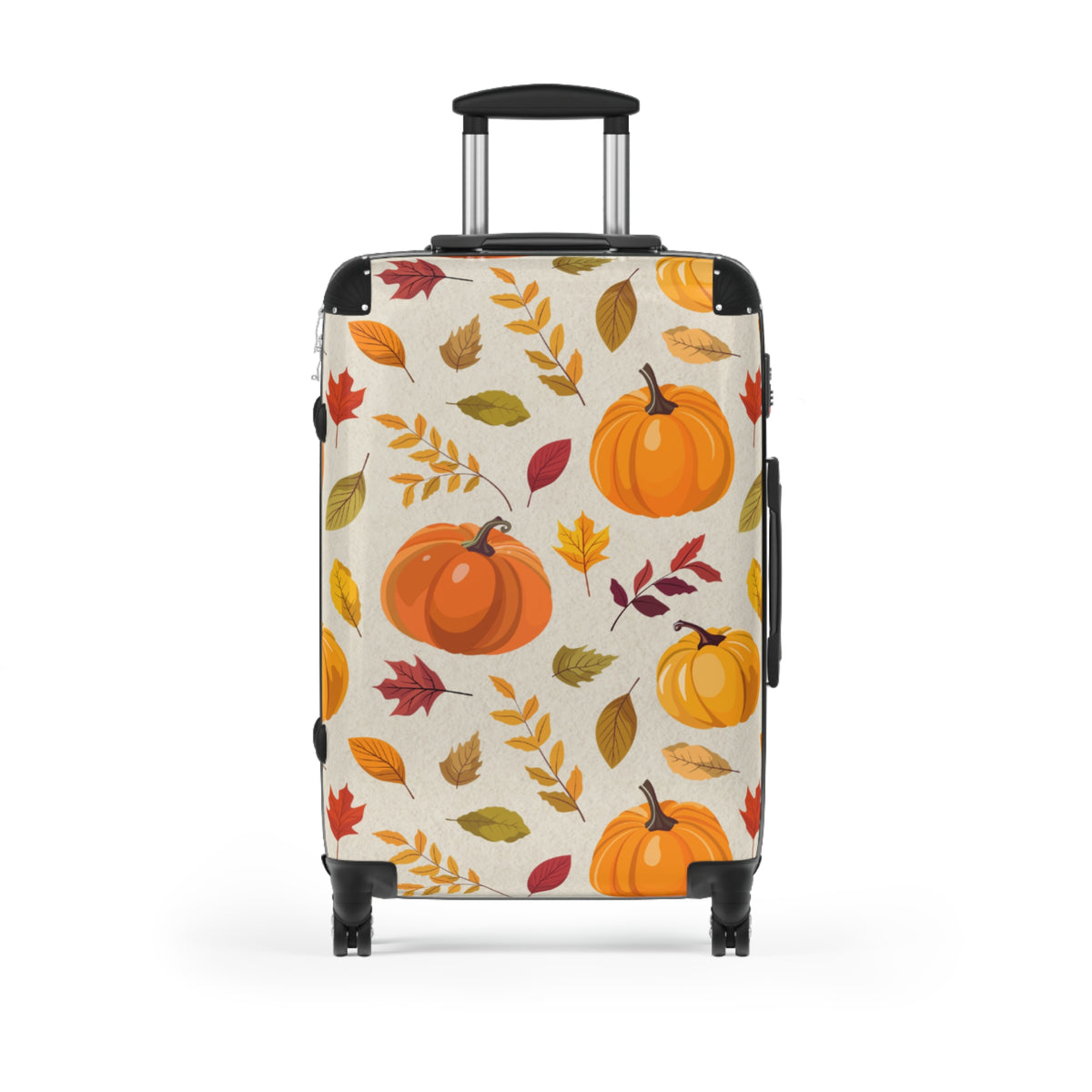 A hard-shell spinner suitcase with an autumn-themed print of pumpkins and fall leaves on a cream background, shown on a white studio background.