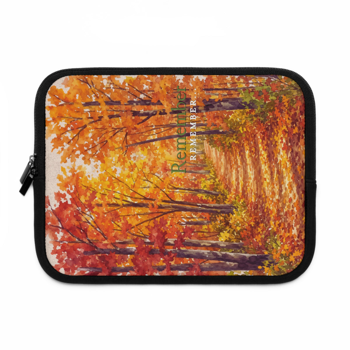 A rectangular zippered pouch with rounded corners, featuring a printed autumn forest scene in red, orange, and yellow tones. The words 'Remember REMEMBER' are printed vertically in green near the center.