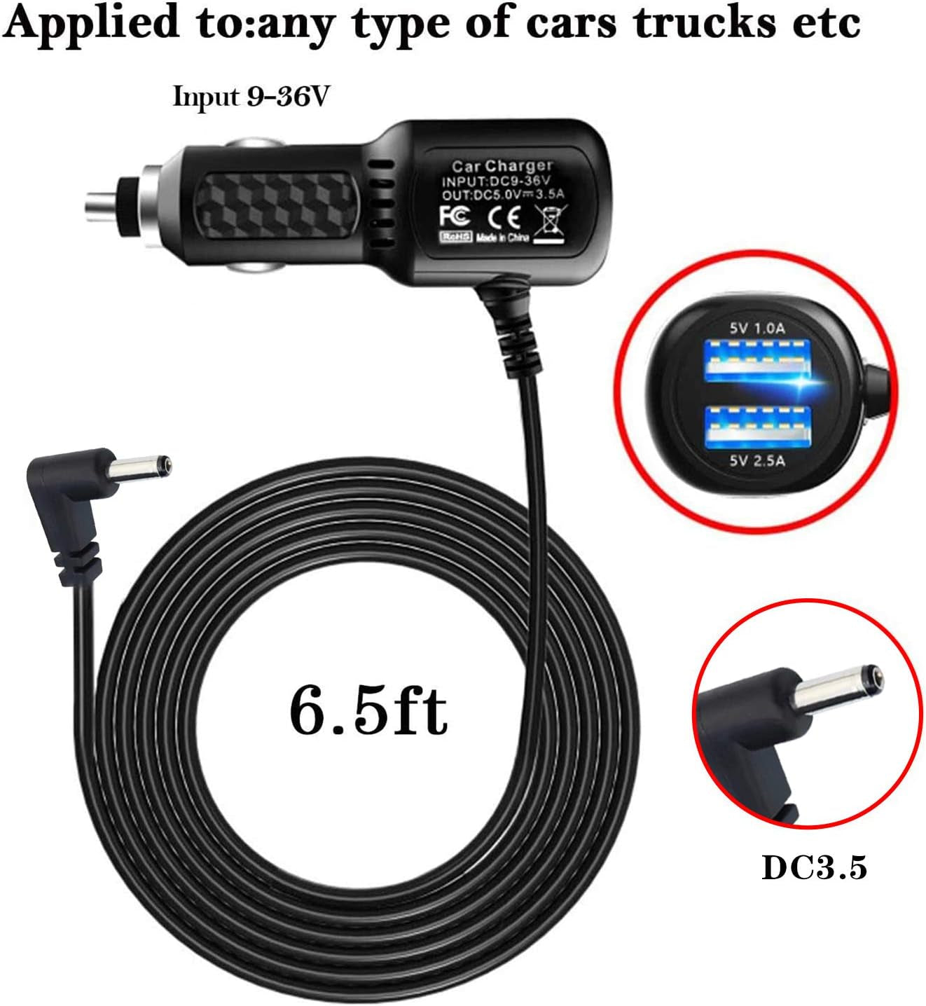 Radar Detector Power Cord,For Unide N Escr T Valentine Beltronics Passport Cobr a Whistler Etc Radar Detector,With Dual USB Port Charger(6.5Ft) (DC3.5)