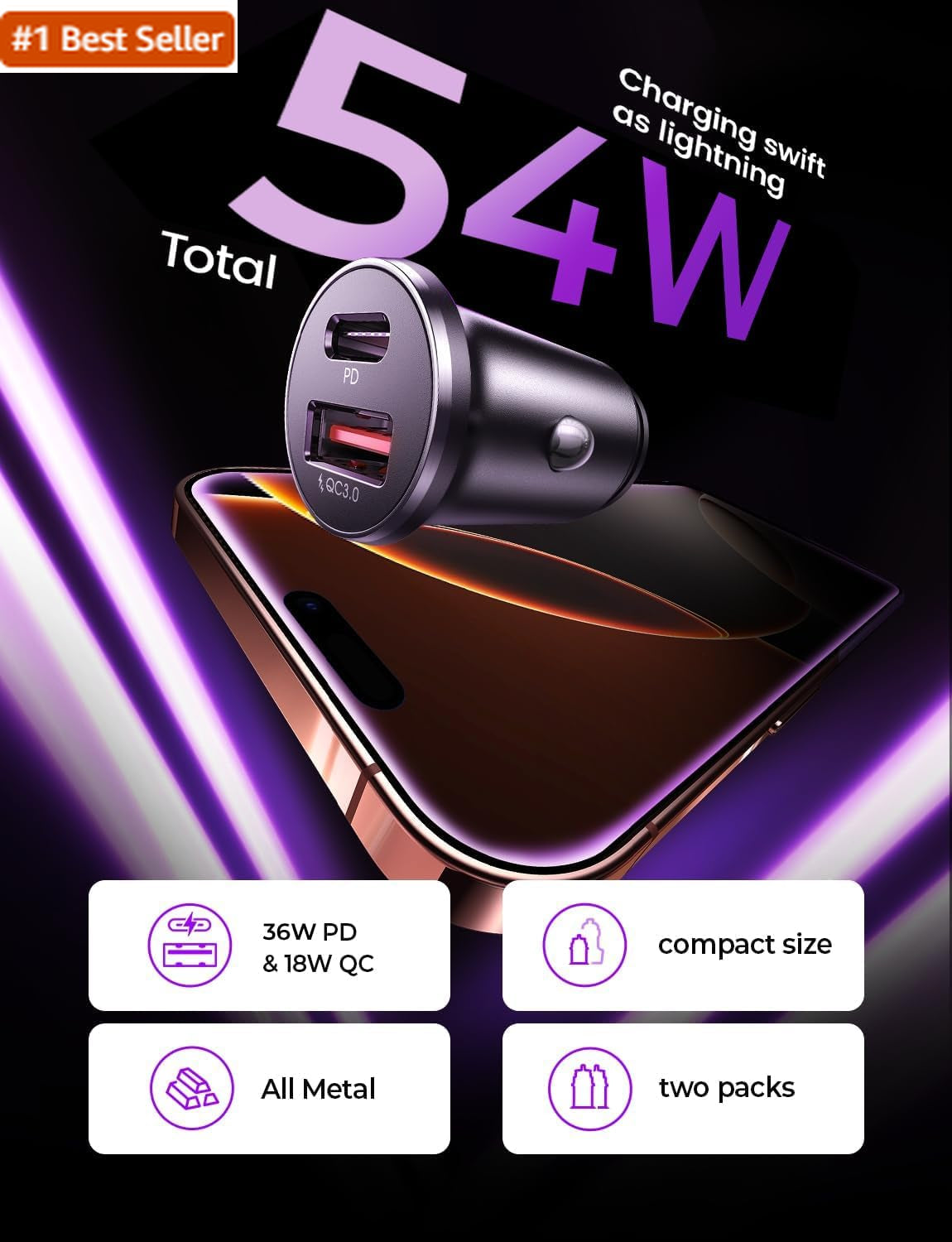LISEN 54W Car Phone Charger USB C, Cigarette Lighter Adapter, Car Accessories Fo