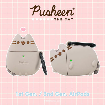 X Pusheen the Cat [ Compatible with Airpods 1/2 ] Cute Silicone Protective Cover [Carabiner Clip Included] [Wireless Charging Capable] - Standing