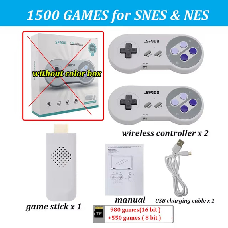 SF900 Retro Game Console HD Video Game Stick with 1500 Games for SNES Wireless Controller 16 Bit Consolas De Videojuegos