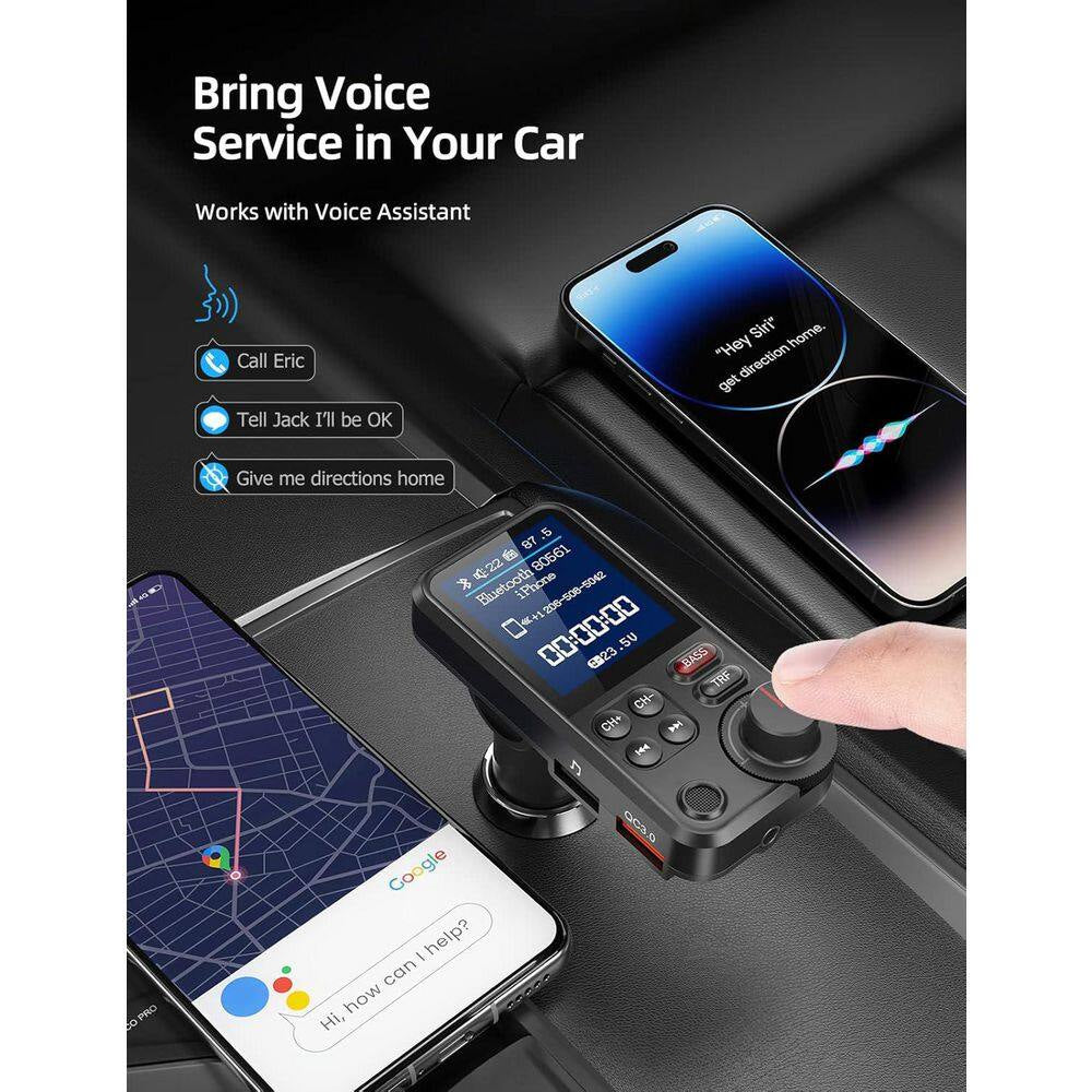 Bluetooth FM Transmitter Car Adapter with Microphone and 1.8 Screen for QC3. 0 Charging, Treble Bass Music Player