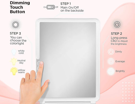 Makeup Mirror, Vanity Mirror, LED Vanity Mirror, 3 Color Light Portable Mirror, Travel Vanity Mirror, Vanity Makeup Mirror, Travel Rechargeable Mirror