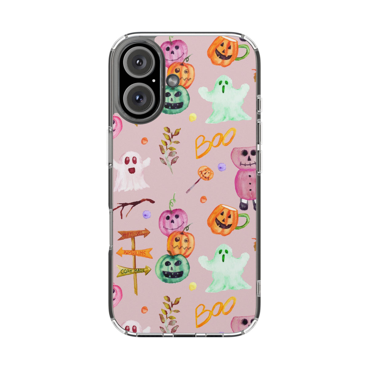 A clear phone case with a pink back cover decorated with a colorful Halloween pattern of ghosts, pumpkins, and the word 'BOO' in orange script, shown on a white background.