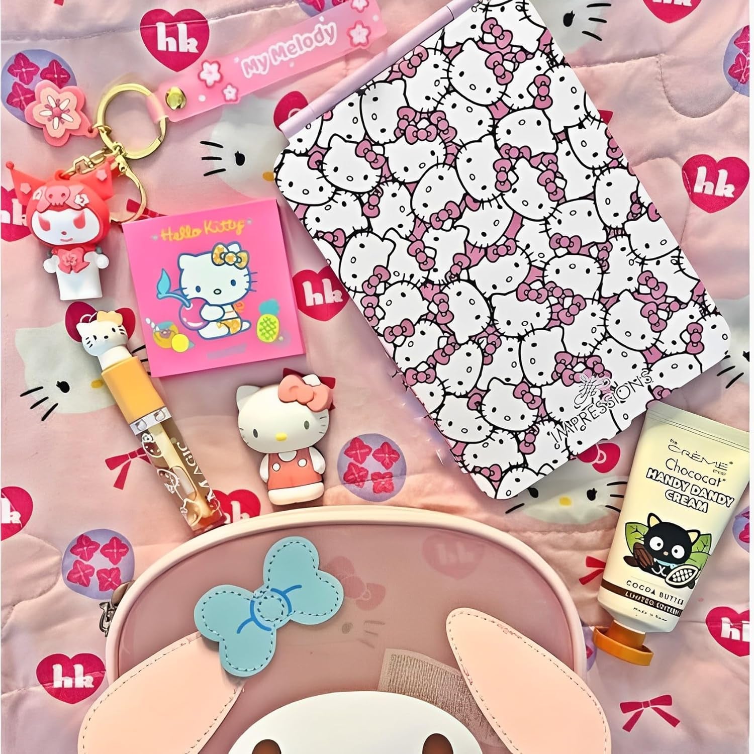 Impressions Vanity Hello Kitty Touch Pad Mini Tri-Tone Makeup Mirror with Printed Flip Cover and LED Strip, Travel Vanity Mirror with Touch Sensor Switch and USB Extension (White/Pink)