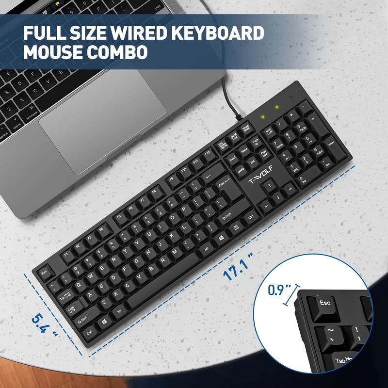 Wired USB Keyboard & Mouse Combo with 12 Shortcut Keys, Full-Size Ergonomic Sile