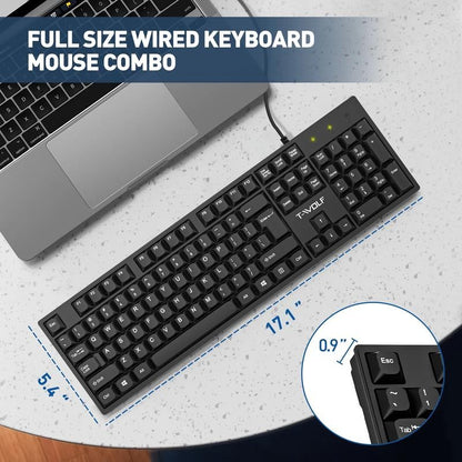 Wired USB Keyboard & Mouse Combo with 12 Shortcut Keys, Full-Size Ergonomic Sile