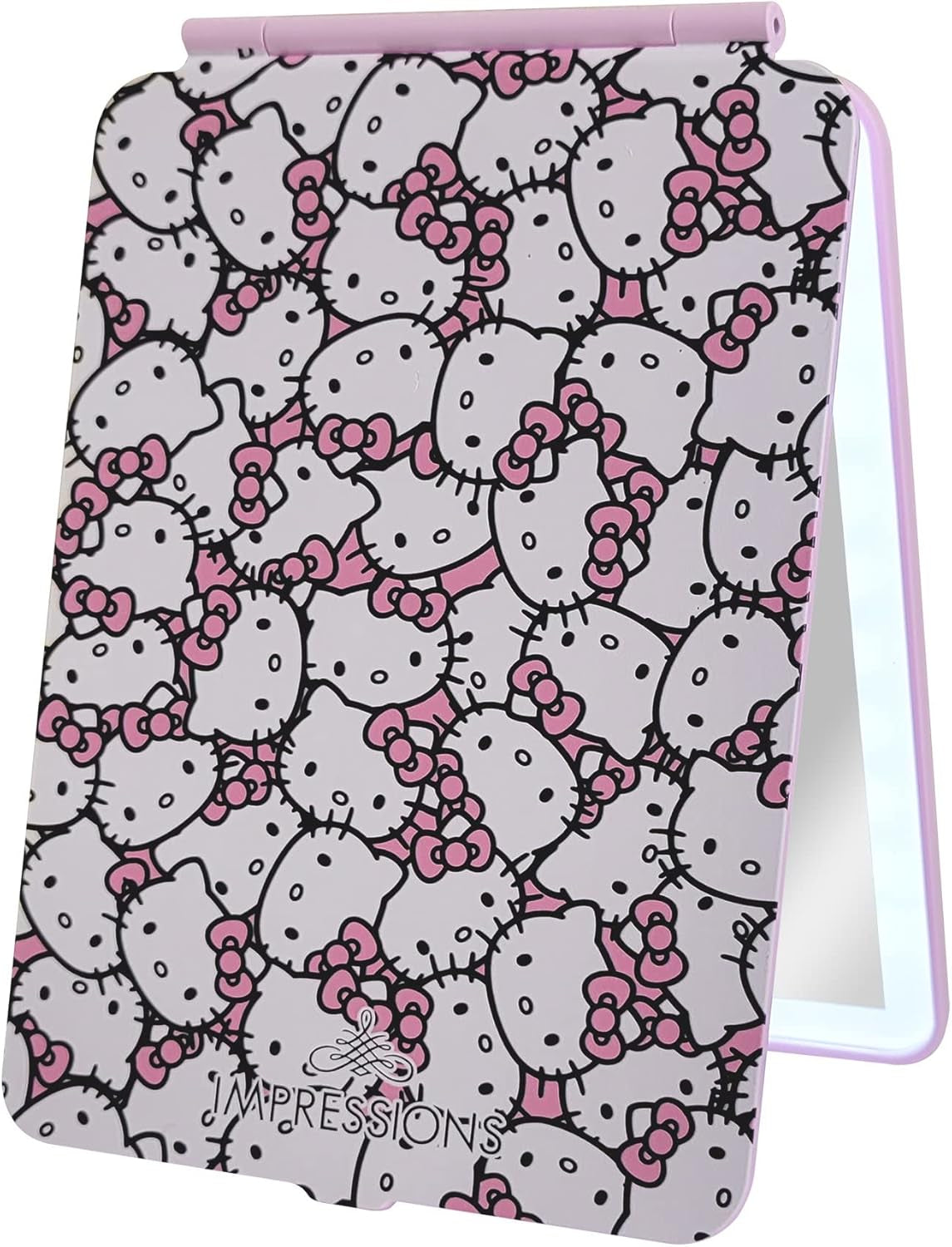 Impressions Vanity Hello Kitty Touch Pad Mini Tri-Tone Makeup Mirror with Printed Flip Cover and LED Strip, Travel Vanity Mirror with Touch Sensor Switch and USB Extension (White/Pink)