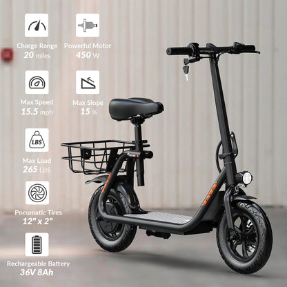 W18S 450W Motor Electric Scooter for Adults with Seat and Carry Basket, 36V 20Miles Range & 15.5Mph, 12" Foldable E Scooter for Commuting