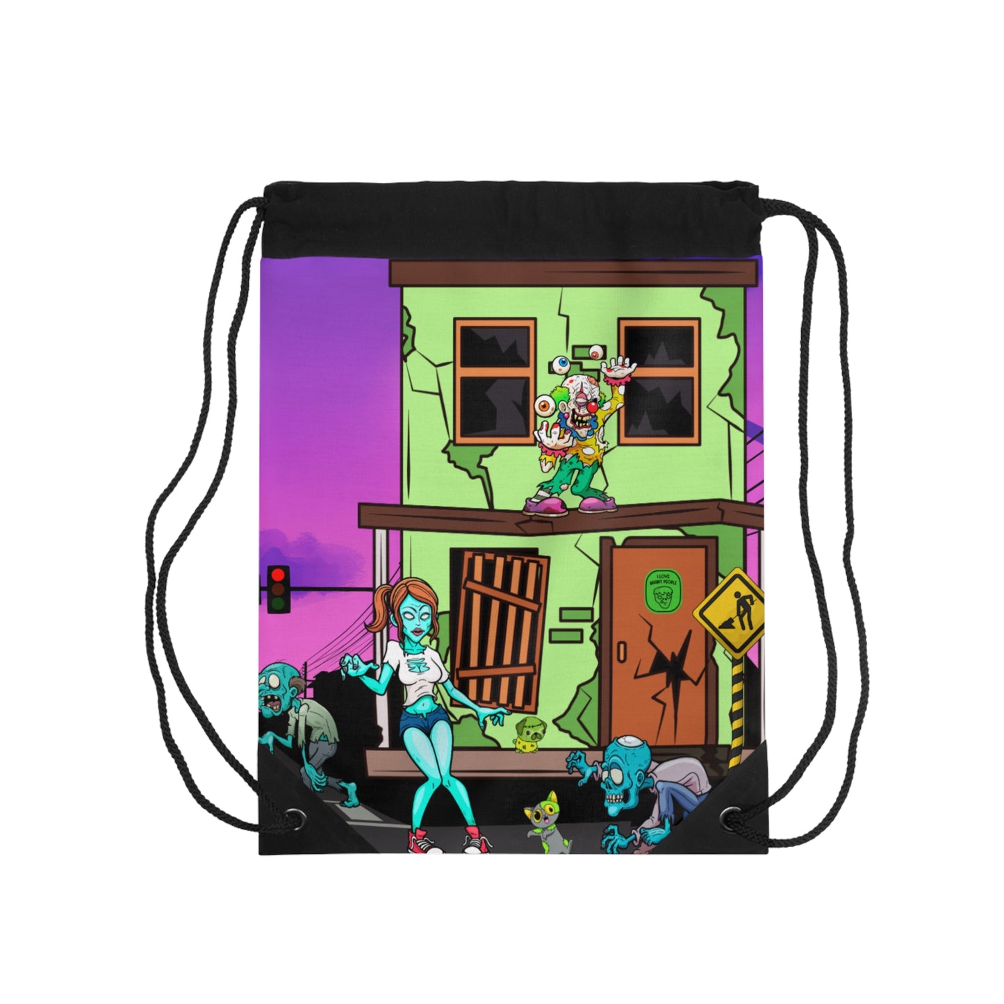 Zombie Street Art Drawstring Bag — Colorful Apocalyptic Cartoon Design