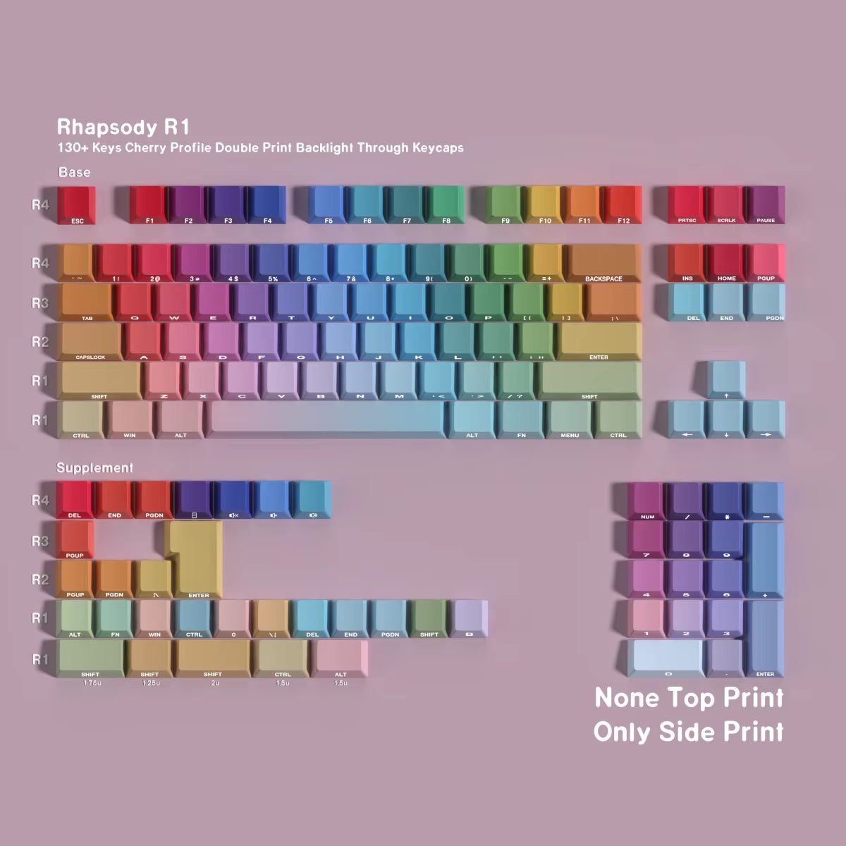 Gradient Translucent Color Sided Printed Keycaps 130Keys for Mechanical Keyboard English Korean Cangjie Key Caps Cherry PBT