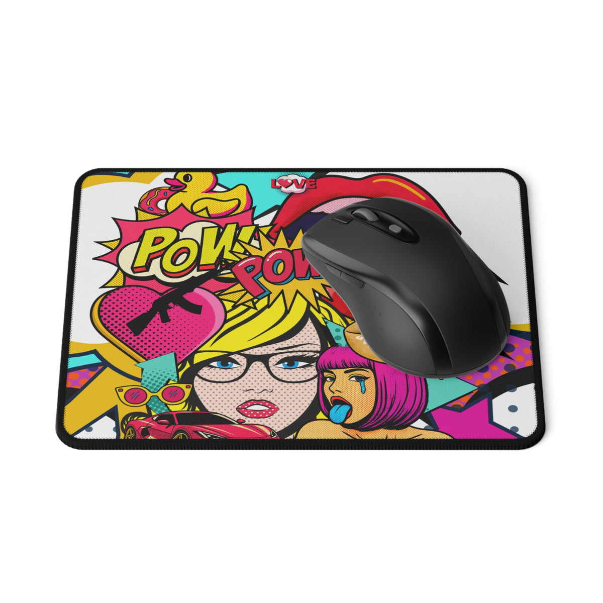 A black computer mouse resting on a rectangular desk mat with a colorful pop-art comic book style design featuring the word 'POW!' and illustrated characters.
