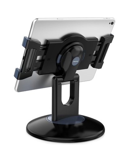 360° Swivel Tablet POS Stand – Rotating Base + Folding Arm, Fits 6"–13" Tablets (6.6"–9.6" Width/Height Range), Quick Release Holder, Portrait/Landscape Switch, Cable Management Slot, Weighted Base, Desk/Kiosk Docking Station