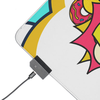 A close-up of a white mouse pad with colorful pop-art style graphics, including a donut and bold yellow and pink shapes, with a black power cable plugged into a small rectangular power bank on the surface.
