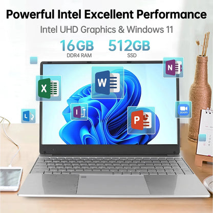 15.6 Inch Laptop 1920*1080 FHD IPS Display, 16GB DDR4 512GB SSD Quad-Core Intel N95 Processors, Wifi, Bluetooth, Fingerprint, Backlit Keyboard, Windows 11 Computer, 15" Lightweight Laptop, Silver