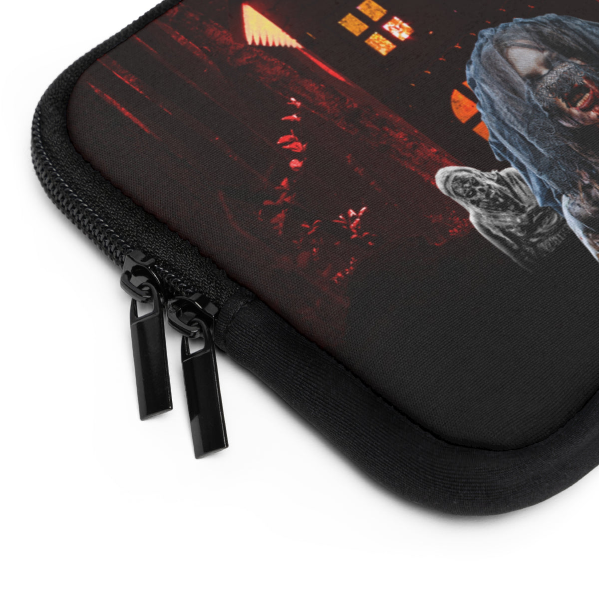 A close-up of a black zippered protective case featuring a horror-themed graphic print with a dark figure and red glowing details, shown on a white background.
