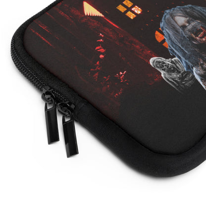 A close-up of a black zippered protective case featuring a horror-themed graphic print with a dark figure and red glowing details, shown on a white background.